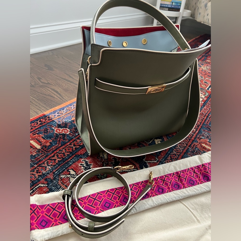 Lee Radziwill for Tory Burch Double Bag in olive green leather w white piping - Picture 1 of 4
